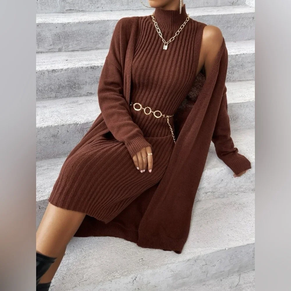 Drop Shoulder Duster Cardigan & Mock Neck Sweater Dress Without Belt - Picture 3 of 7